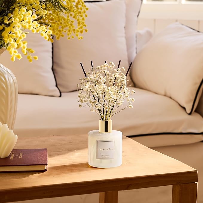 COCORR??NA Reed Diffuser - Gardenia 6.7 Fl.oz Reed Diffuser Set with Sticks & Preserved Baby's Breath, Reed Diffuser for Home Bathroom Shelf Decor