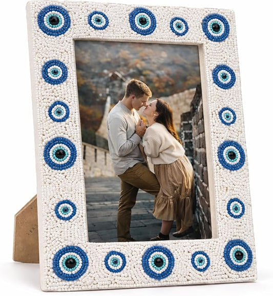 Folkulture Picture Frame for Wall or Tabletop | Evil Eye 4x6 Aesthetic, Cute, Protective Evil Eye Design Photo Frame| Vertical & Horizontal Display | Handmade Housewarming Gifts