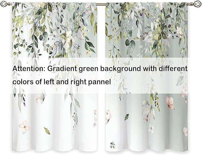 Sage Eucalyptus Botanical Leaves Floral Window Curtains Butterfly Farmhouse Flower Leaf Rod Pocket Sage Green Curtain Drapes Curtains for Bedroom Living Room Treatment 2 Panels 42Wx45H Inch