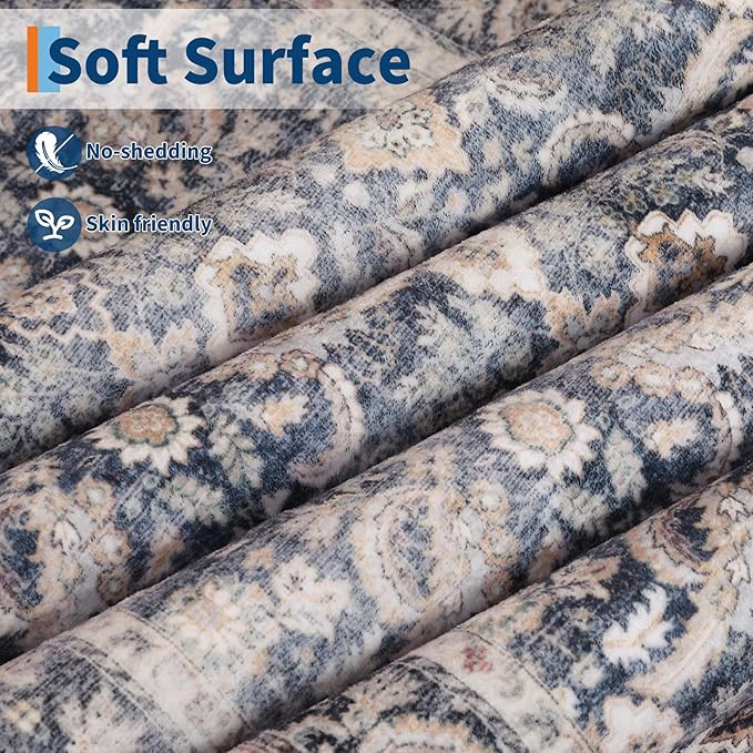 GarveeHome Vintage Floral Area Rug 8x10 Large Soft Washable Rugs for Living Room, Ultra-Soft Retro Distressed Neutral Carpet, Low Pile Non Slip Oriental Floor Mats for Bedroom, Blue Grey