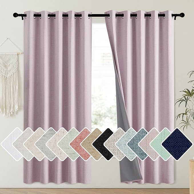 NICETOWN Pink Vintage Linen 100% Blackout Curtains for Playroom, Thermal Insulated Curtains 72" Long, Noise Reducing Window Treatment Drapes for Laundry Room, 62" Wide Per Panel, Set of 2