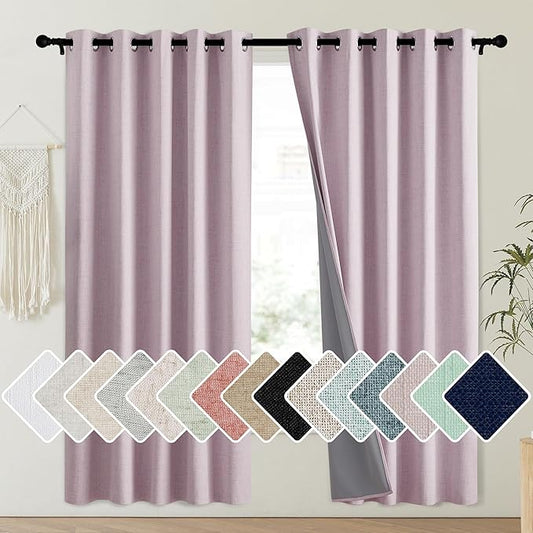 NICETOWN Pink Vintage Linen 100% Blackout Curtains for Playroom, Thermal Insulated Curtains 72" Long, Noise Reducing Window Treatment Drapes for Laundry Room, 62" Wide Per Panel, Set of 2