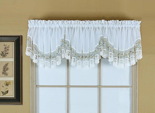 Today's Curtain, Vintage Macramé Organza Crescent 18", White/Blue, 58" W x 18" L