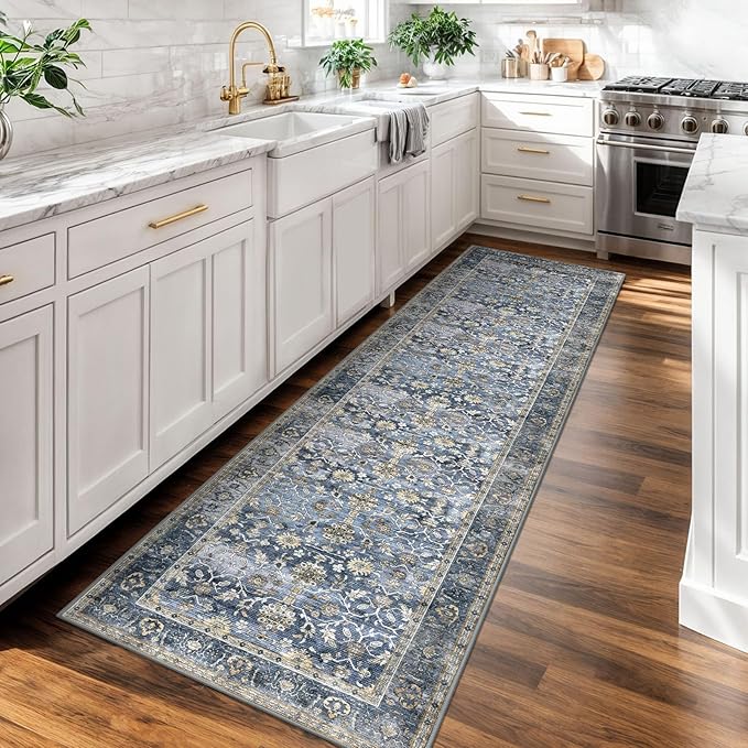 KUTA Vintage Washable Runner Rug, 2x7 Blue Grey Beige Runners for Hallways Non-Slip Kitchen Rugs Ultra Thin Soft Printed Distressed Oriental Floral Floor Carpet for Laundry Bedroom Living Room