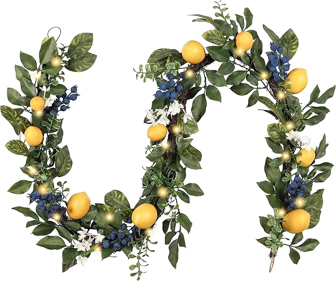 Valery Madelyn 6ft Pre-Lit Lemon Garland with Greenery, Thick Spring Summer Garland for Mantle with Lights, Artificial Fruit Vine for Stairs Fireplace Table, Farmhouse Kitchen Home Wall Party Decor