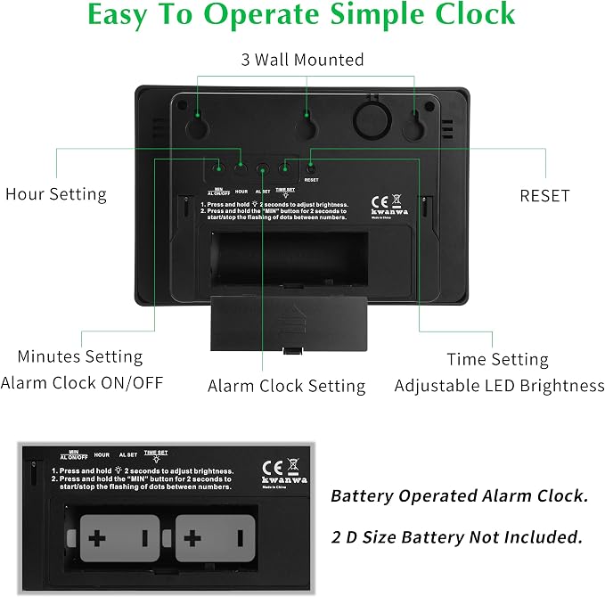 Alarm Clock,3" LED,3-level Brightness,Battery Operated,Wall-mount/Table-top - Image 3