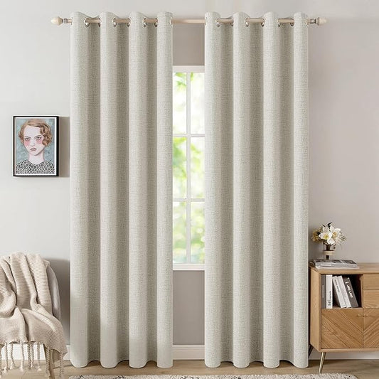 MIULEE Linen Texture Curtains for Bedroom Light Cream 100% Blackout Thermal Insulated Linen Curtains Grommet Room Darkening Draperies for Living Room Nursery 52x96 Inch (2 Panels)