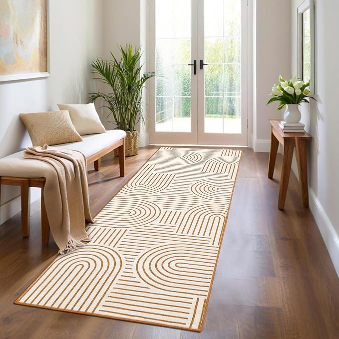 ROYHOME Modern Rug 2.5x10 Runners for Hallways, Abstract Kitchen Runner Rugs Non Slip Bath Runner, Rainbow Washable Rug for Bedroom, Soft Long Rugs for Entryway Bathroom Laundry Dorm, Orange