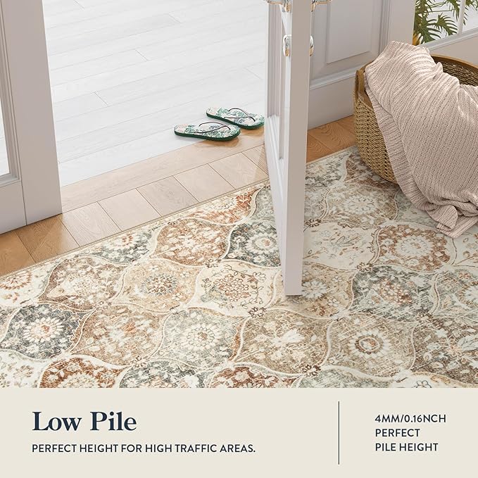 Lahome Moroccan Trellis Washable Small Area Rug, 3x5 Black Rug for Bedroom Living Room, Non-Slip Oriental Accent Throw Carpet for Kitchen Office Entryway Bathroom Office Elise, Khaki
