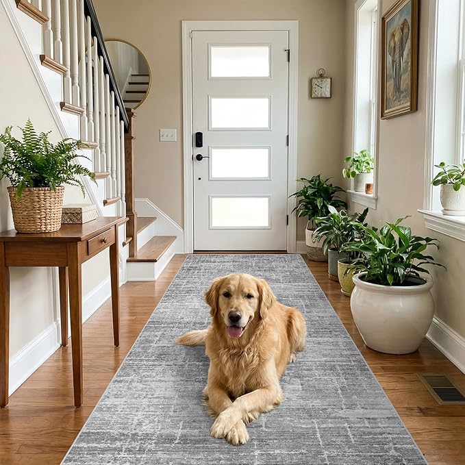 3x7 Washable Kitchen Runner Rug - Modern Abstract Neutral Carpet with Non-Slip Backing Low-Pile Stain-Resistant Thin Runners for Hallway Bathroom Bedroom Entryway (3x7, Gray)