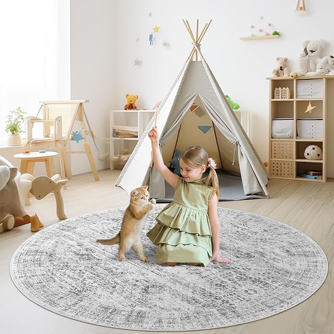 Soalmost 6x6 Grey Round Rug 6ft Living Room Circle Rug Gray Vintage Round Area Rug Non Slip Indoor Carpet for Dining Room Bedroom