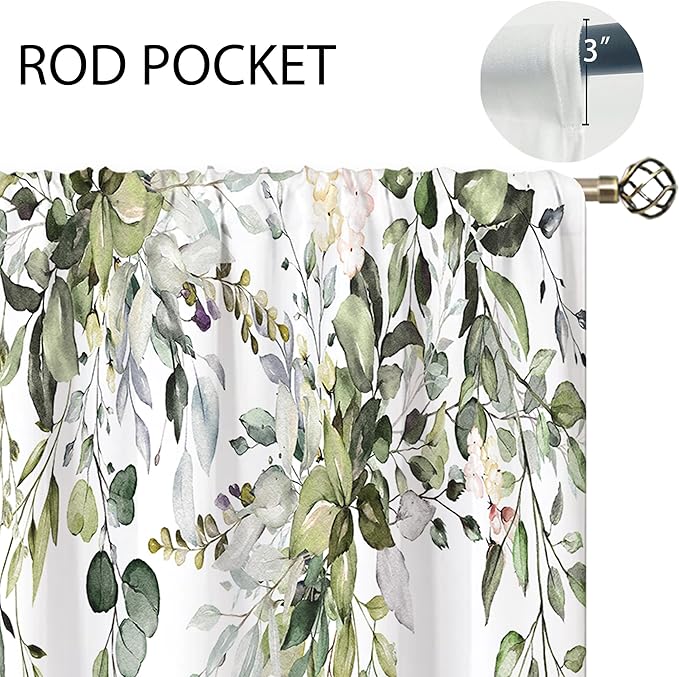 Sage Green Eucalyptus Leaves Window Curtains Flower Watercolor Floral BotanicalPlant Wildflower Farmhouse Curtain Drapes Herb Curtains for Bedroom Living Room Treatment 2 Panels 42Wx45H Inch