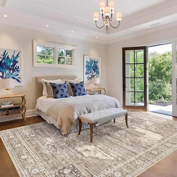 RUUGME Living Room 10x12 Area Rug - Washable Lightweight Area Rug Stain Resistant Carpet Vintage Soft Rugs for Bedroom with Non Slip Backing Indoor Ultra-Thin Rugs Home Decor 10x12 Beige