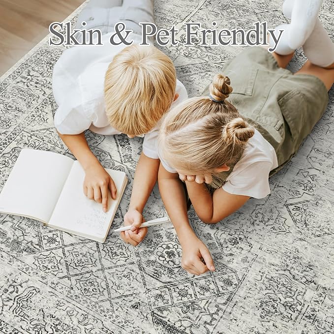 Soalmost 5x7 Area Rugs Grey Low Pile Indoor Washable Trendy Faded Style Floral Rugs for Bedroom Living Room Dining Room Foldable Non-Slip Thin Print Mat