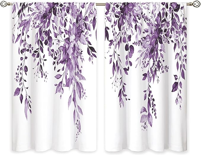 Eucalyptus Botanical Leaves Purple Floral Kitchen Window Curtains Over Sink Farmhouse Flower Leaf Small Window Treatment Cafe Short Curtains for Bathroom Treatment Tier Drapes 26x36 inch