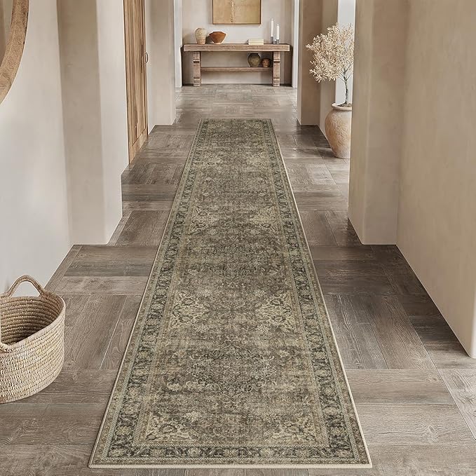 2x10 Washable Runner Rug Brown Vintage Non Slip Soft Low Pile Hallway Kitchen Rug Distressed Oriental Carpet for Laundry Bathroom Bedroom Living Room Home Decor
