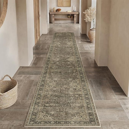 3x12 Washable Runner Rug Brown Vintage Non Slip Soft Low Pile Hallway Kitchen Rug Distressed Oriental Carpet for Laundry Bathroom Bedroom Living Room Home Decor