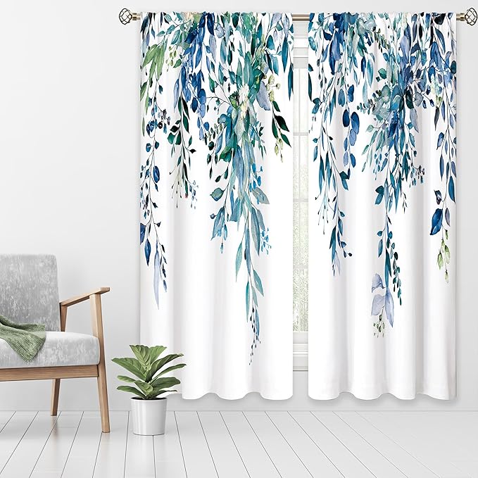Teal Eucalyptus Botanical Leaves Floral Window Curtains Blue Watercolor Turquoise Flower Plant Wildflower Farmhouse Curtain Drapes Herb Curtains for Bedroom Living Room Treatment 52Wx84H Inch