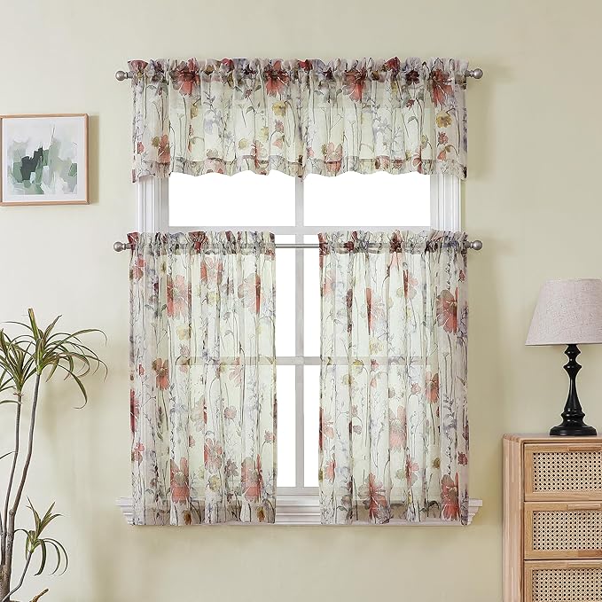 OWENIE Crushed Valance Sheer Curtains 14 Inches Length 2 PCS, Small Modern Printed Kitchen Valance Living Room Bathroom, Light Filtering Curtains, Rod Pocket Top Window Treatment Decor, 42Wx14L
