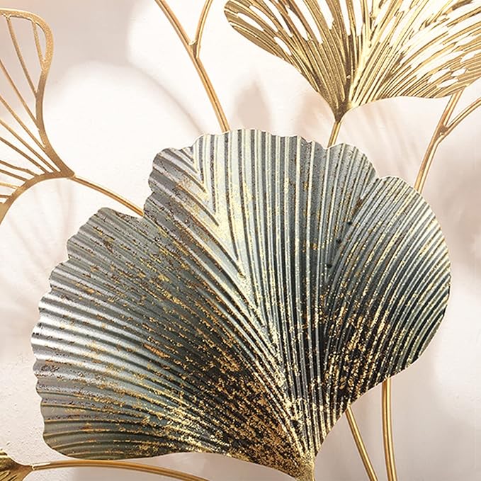 CDDUOLA 3D Room Wall Decor, Handmade Art Metal Round Golden Ginkgo Leaf Decorative Wall Sculpture for Home Living Room And Bedroom, 2 Pack