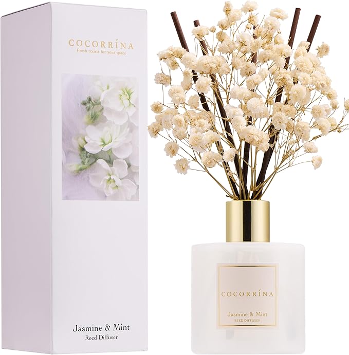 COCORR??NA Reed Diffuser - Jasmine & Mint 6.7 Fl.oz Reed Diffuser Set with Sticks & Preserved Baby's Breath, Reed Diffuser for Home Bathroom Shelf Decor