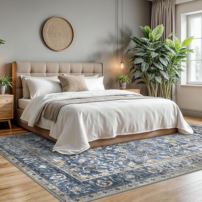 KUTA Floral Area Rugs for Living Room 8x10 Blue Grey Beige, Washable Large Rug for Bedroom 8ft x 10ft Non-Slip, Low-Pile Ultra Thin Soft Printed Vintage Medallion Distressed Dining Room Carpet