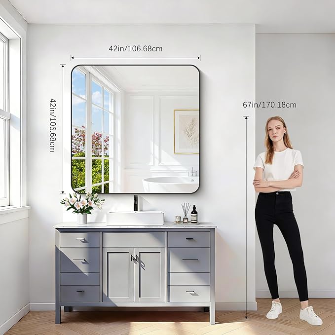 Bathroom Mirror, 42x42 inch Black Square Wall Mirror, Rounded Corner Aluminum Metal Frame Vanity Mirror, Large Wall Mounted Mirrors for Over Sink Bedroom Living Room Entryway