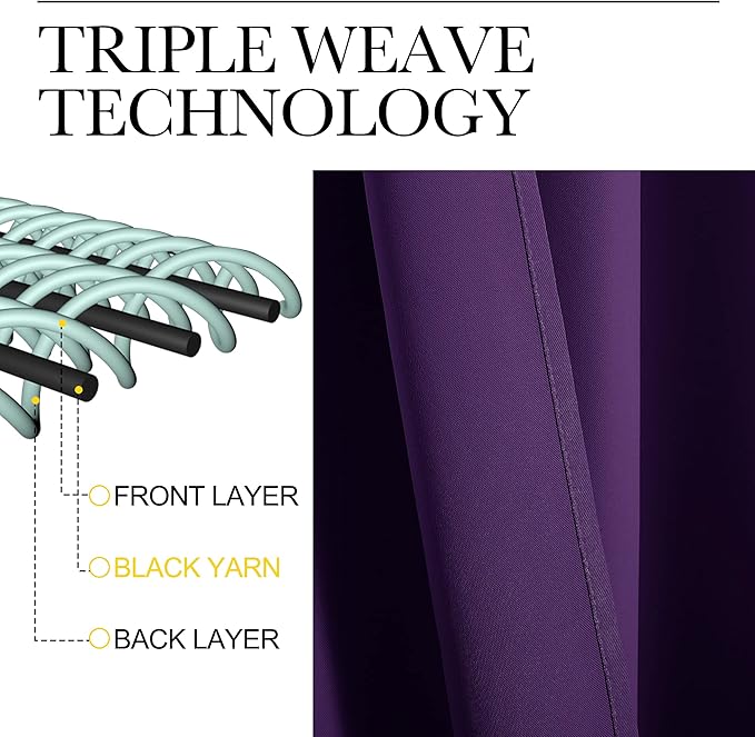 NICETOWN Thermal Curtains Insulated Blackout Draperies, Triple Weave Home Decoration Solid Ring Top Blackout Drape Panels for Bedroom (Set of 2, 34 x 63 Inch, Royal Purple)