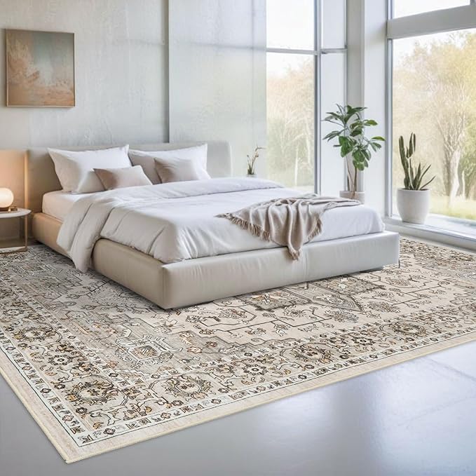 RUUGME 10x14 Area Rug Washable - Washable Lightweight Area Rug Stain Resistant Carpet Soft Rugs for Bedroom with Non Slip Backing Indoor Ultra-Thin Rugs Home Decor 10x14 Ivory