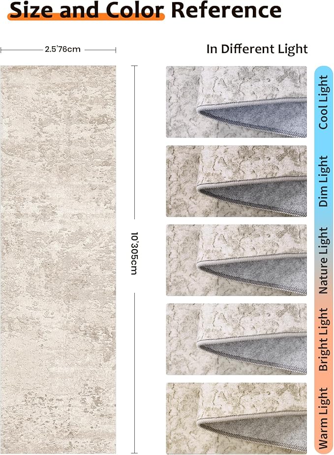 Art&Tuft Non-Slip Runner Rug - 2'6"x10' Runner Rug Washable Low-Pile Rugs Runners, Soft Distressed Carpet Runner for Bedroom Bathroom Kitchen Laundry Living Room, Beige