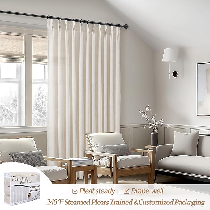 100 Inch Extra Wide Linen Sheer Curtains 84 Inch Long 2 Panels Set for Living Room, Pinch Pleated Light Filtering Farmhouse Nursery Room Curtain 100 x 84 Large Window Track System Semi Through Drapes