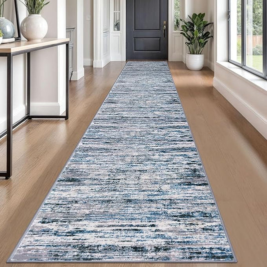 Lansny Modern Abstract Runner Rug 2.6x18, Grey Blue White Washable Long Kitchen Runner Non-Slip Soft Hallway Rug Runner Thin Print Faux Wool Carpet for Entryway Bedroom Laundry Room Indoor Home Decor