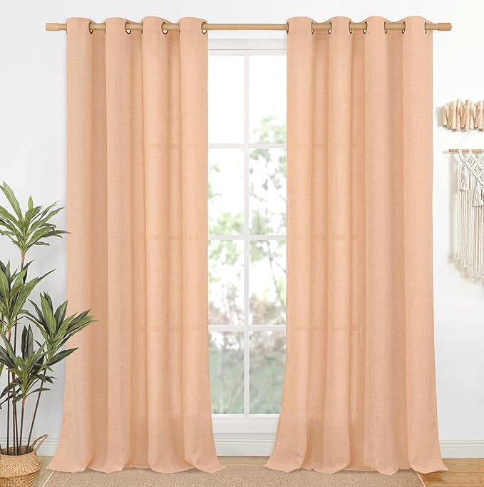 YoungsTex Peach Linen Curtains 84 Inch Length for Living Room Spring Decor, Light Filtering Drapes with Bronze Grommet Boho for Dining Bedroom Window Privacy, 2 Panels, 52 x 84 Inch