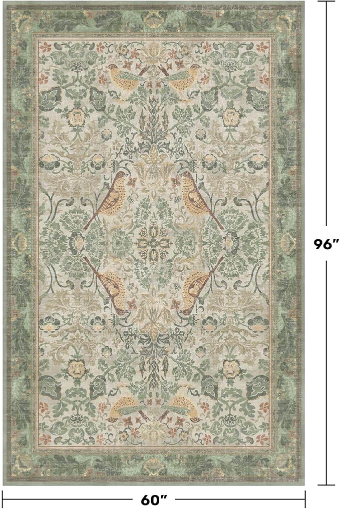 Hazo Haus Washable Area Rugs 5x8 for Bedroom - Sage Green Boho Rugs for Living Room, Dining Room, Home Office, Playroom, Light Green Botanical Bird Pattern, Non Slip Stain Resistant Low Pile