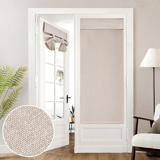 HOMEIDEAS 100% Linen Blackout French Door Curtains, Modern Farmhouse Privacy Door Window Curtains, 26 X 68 Inch Room Darkening Blinds, Shades for Bedroom Decor, 1 Panel, Natural