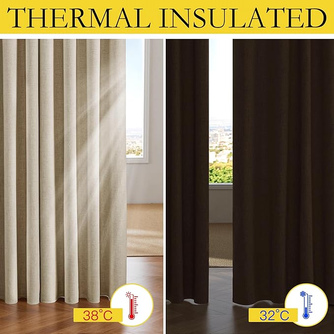 NICETOWN Cream Bedroom Full Blackout Linen Curtain Panels Set of 2, 52" by 72", Thick Insulated Classic Grommet Blackout Draperies with White Thermal Insulated Liner for Windows