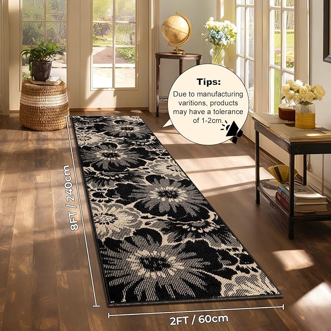Findosom Hallway Runner Rug 2x8, Non Slip High-Low Textured Floral Washable Runner Rug with Rubber Backing, Boho Carpet Runner for Kitchen, Entryway, Bedroom, Laundry, Black & Beige