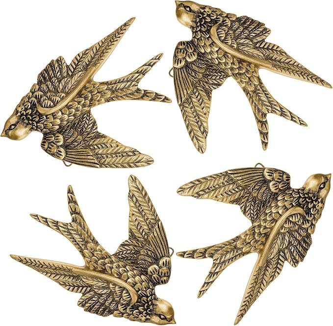 4 Pcs Vintage Bird Wall Sculpture Decor Art 4.7 Inch Antique 3D Sculpted Hanging Bird Resin Wall Art Golden Brass Floating Ornament for Living Room Garden Outdoor, Gifts for Couples Housewarming