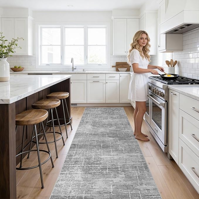 2x10 Washable Hallway Runner Rug - Modern Abstract Neutral Long Carpet with Non-Slip Backing Low-Pile Stain-Resistant Thin Runners for Kitchen Bathroom Bedroom Entryway (2x10, Gray)