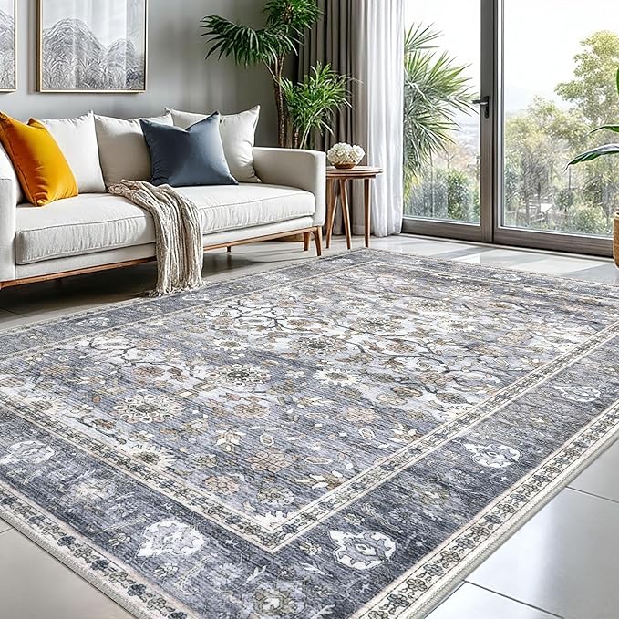 KUTA 8x10 Area Rugs for Living Room, Washable Large Rug for Bedroom 8ft x 10ft Non-Slip, Grey Blue Ultra Thin Soft Printed Vintage Floral Distressed Dining Room Low-Pile Carpet for Office