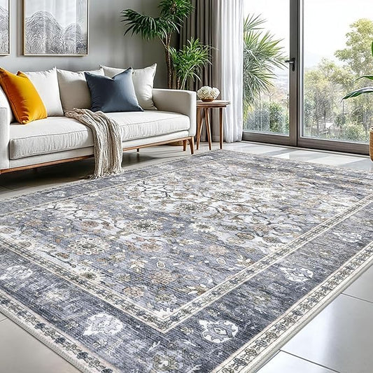 KUTA 8x10 Area Rugs for Living Room, Washable Large Rug for Bedroom 8ft x 10ft Non-Slip, Grey Blue Ultra Thin Soft Printed Vintage Floral Distressed Dining Room Low-Pile Carpet for Office