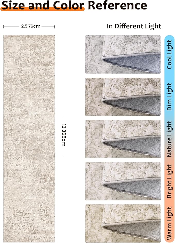 Art&Tuft Non-Slip Runner Rug - 2'6"x12' Runner Rug Washable Low-Pile Rugs Runners, Soft Distressed Carpet Runner for Bedroom Bathroom Kitchen Laundry Living Room, Beige