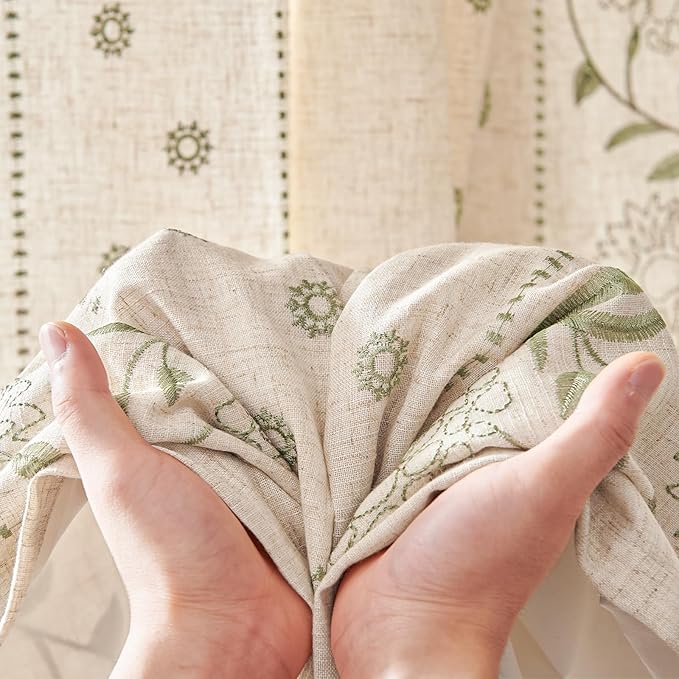 jinchan Winslow Lined Linen Curtains for Bedroom 63 Inches Linen Blended Embroidered Bordered Floral Curtains for Living Room Farmhouse Decor Window Treatments Sage on Beige Drapes 2 Panels