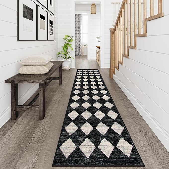 Lahome Zelie Checkered Washable Rug Runners for Hallways Non Slip,2x10 Black Kitchen Bathroom Runner Rug,Trellis Low Pile Indoor Carpet Runner for Bedroom Entryway Foyer(2'x10',Black)
