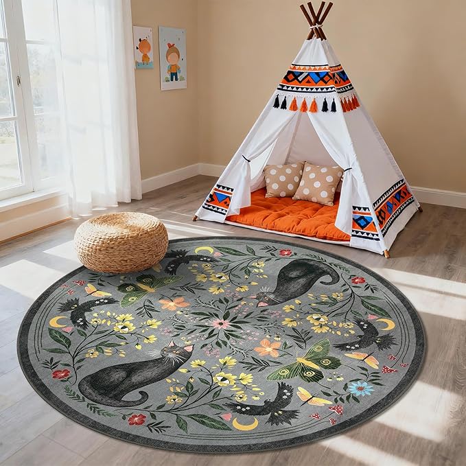 GarveeHome Round Area Rugs 5ft for Bedroom, Cat Grey Washable Circle Rug Soft Non Slip Mushroom Floral Floor Mat Carpet Indoor Thin Rug for Bedroom Dining Room Playroom Nursery Gothic Decor