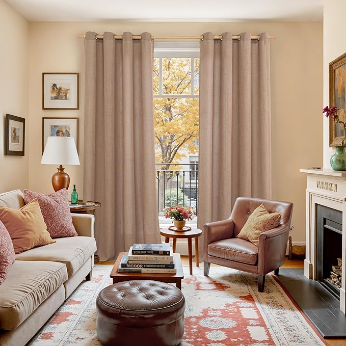 YoungsTex Extra Long Linen Curtains 102 Inch Length for Living Room, Light Filtering Drapes with Grommet Semi Sheer Floor Length for Dining Bedroom Window, Mocha Brown, 2 Panels, 52 X 102 Inch