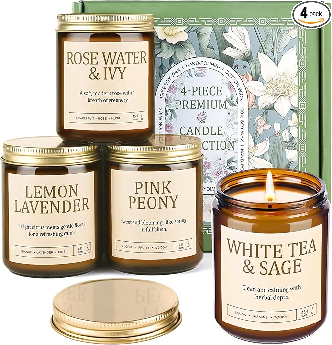 4 Pack Scented Candles for Women: 28oz Natural Soy Candles for Home Scented, Up to 200H Burning, Aromatherapy Candle Set, Jar Candle Gift Set for Bath Meditation, Birthday Valentine's Day Gifts
