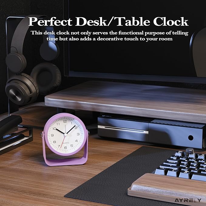 AYRELY?? 3.5 Inch Small Analog Alarm Clocks,Battery Operated Desk Clock,Cute Table Clock with Light???Adjustable Angle for Travel,Bedside,Bedroom,Kids,Living Room Decor (Purple)