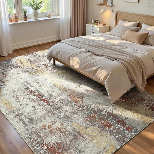 Ompaa Living Room Rug 5x8 Beige Area Rug Machine Washable Boho Rug Non Slip Abstract Vintage Indoor Large Rugs for Bedroom, Classroom, College Dorm, Farmhouse, Dining Room, Kids Playroom