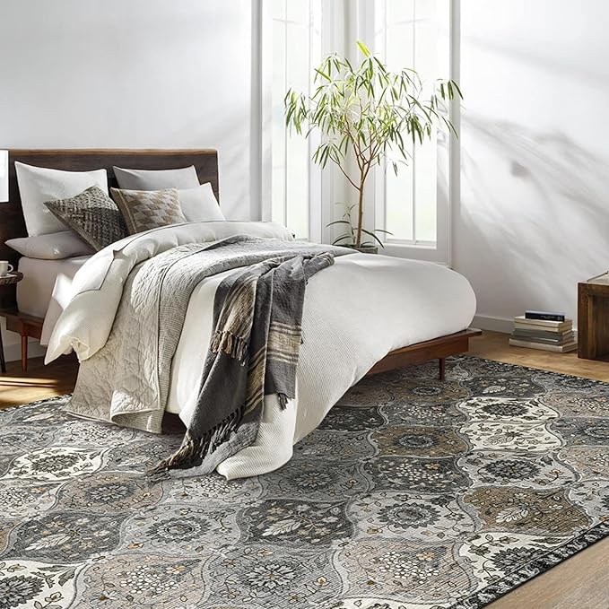 Lahome Moroccan 8x10 Area Rugs for Living Room, Washable Rugs 8x10 Ultra-Thin Oriental Non-Slip Non Shedding Accent Carpet for Bedroom Dining Room Office Nursery Elise, Grey